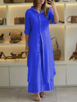 Plain Shawl Collar Long Sleeve Comfy Casual Top With Pants Two-Piece Set