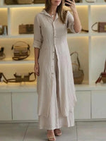 Plain Shawl Collar Long Sleeve Comfy Casual Top With Pants Two-Piece Set
