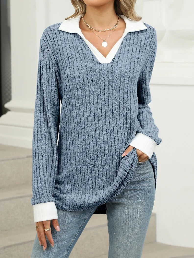 Plain Shawl Collar Long Sleeve Comfy Blouse