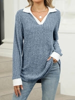 Plain Shawl Collar Long Sleeve Comfy Blouse