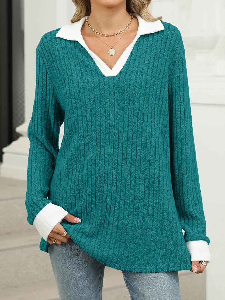 Plain Shawl Collar Long Sleeve Comfy Blouse