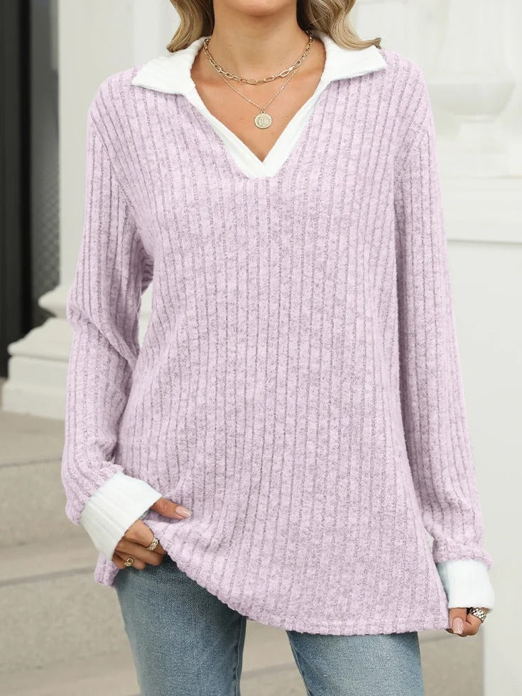 Plain Shawl Collar Long Sleeve Comfy Blouse