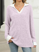 Plain Shawl Collar Long Sleeve Comfy Blouse