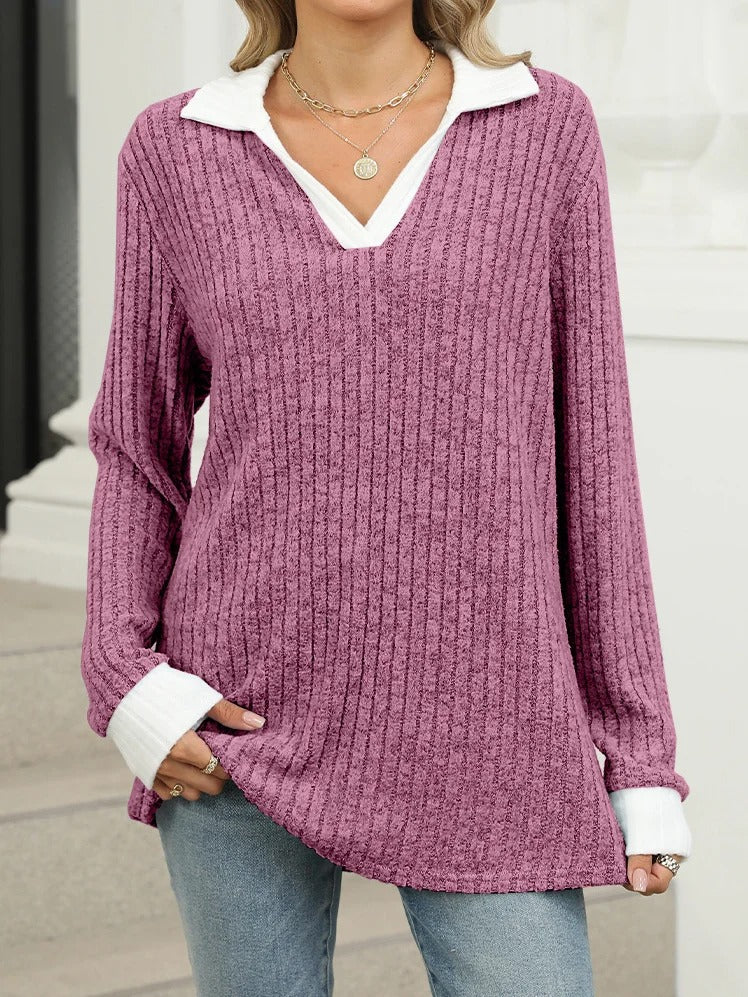Plain Shawl Collar Long Sleeve Comfy Blouse