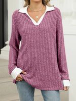 Plain Shawl Collar Long Sleeve Comfy Blouse