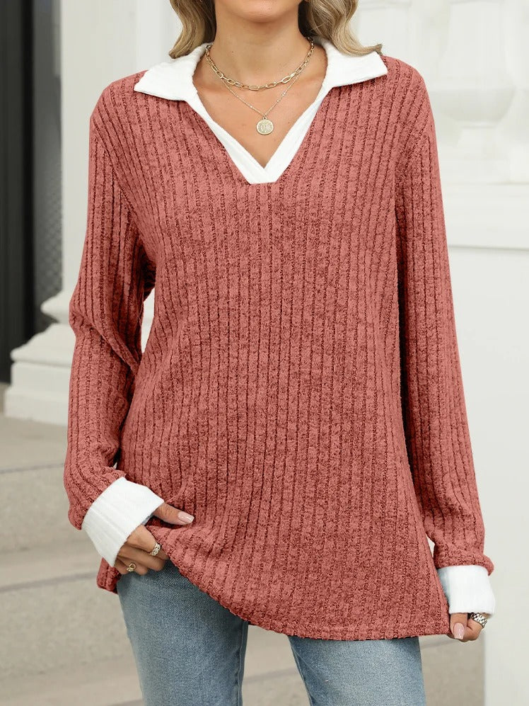 Plain Shawl Collar Long Sleeve Comfy Blouse