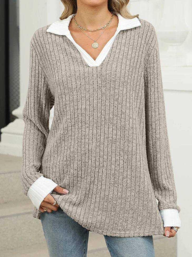 Plain Shawl Collar Long Sleeve Comfy Blouse