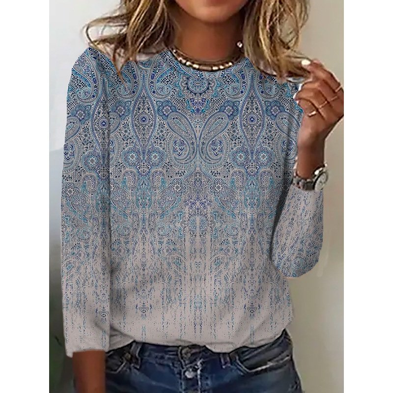 Ethnic Lace Crew Neck Long Sleeve Comfy Blouse