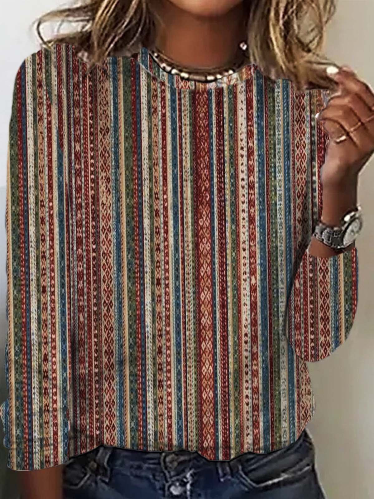 Striped Crew Neck Long Sleeve Comfy T-shirt