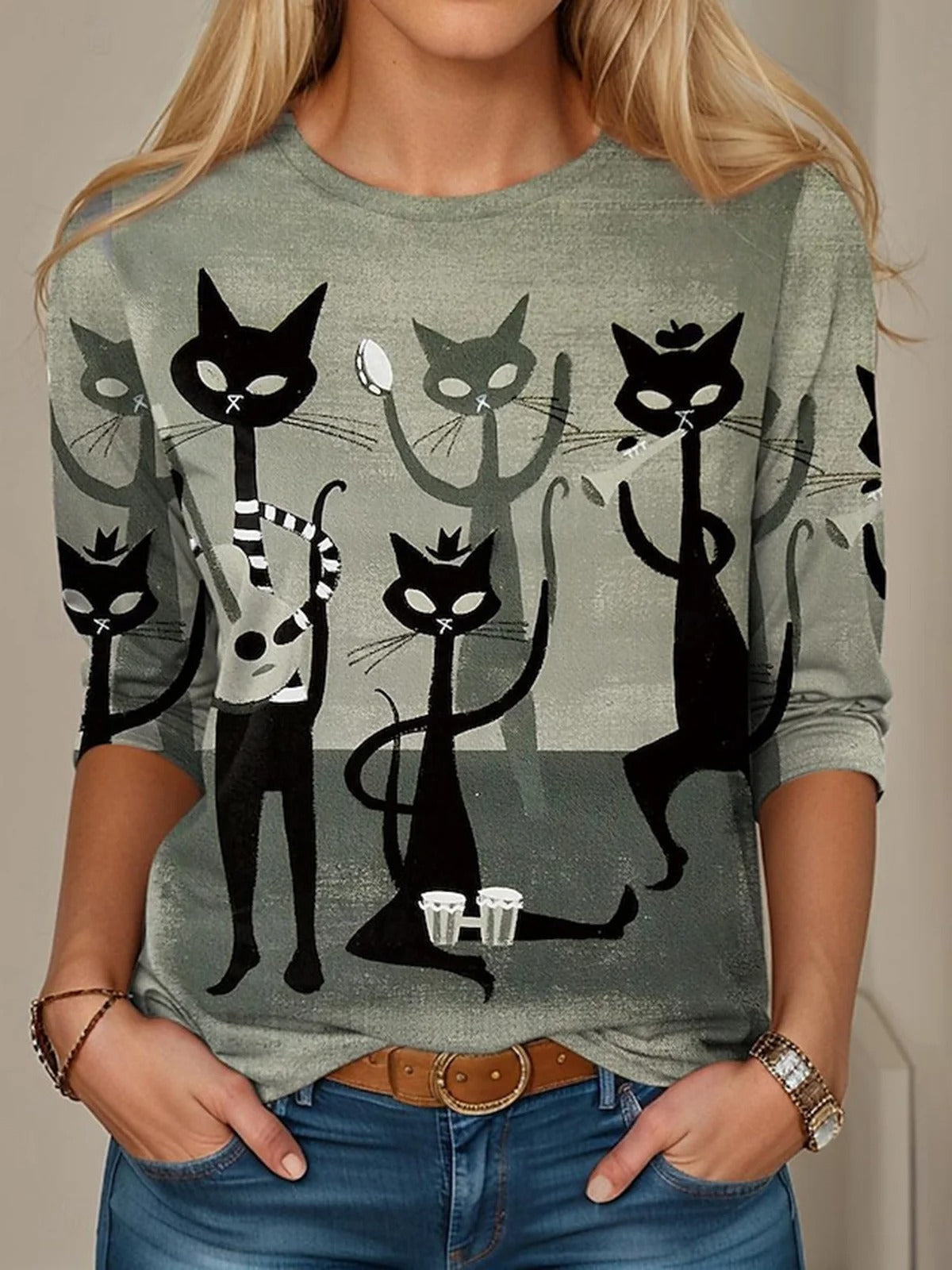 Cute Cat Print Crew Neck Long Sleeve Casual T-shirt