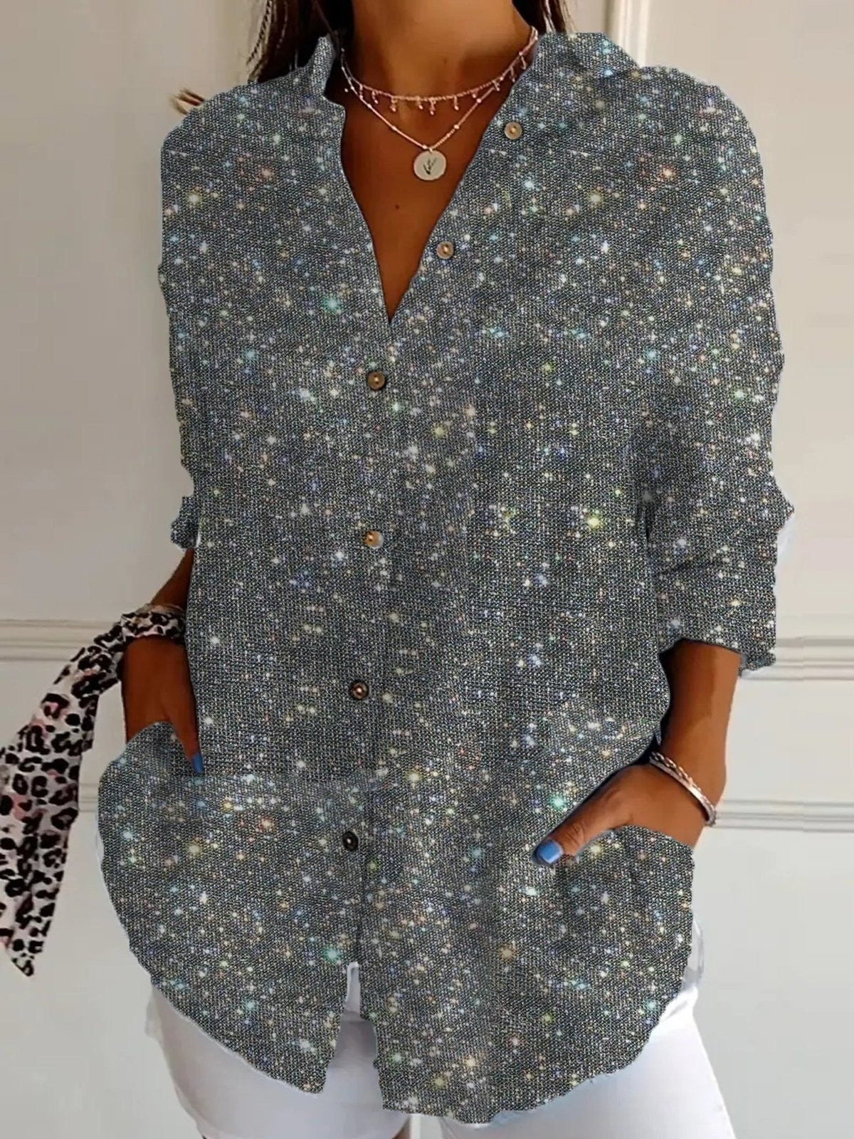 Geometric Sequins Shirt Collar Long Sleeve Loose Shirt- CURVECOMFY