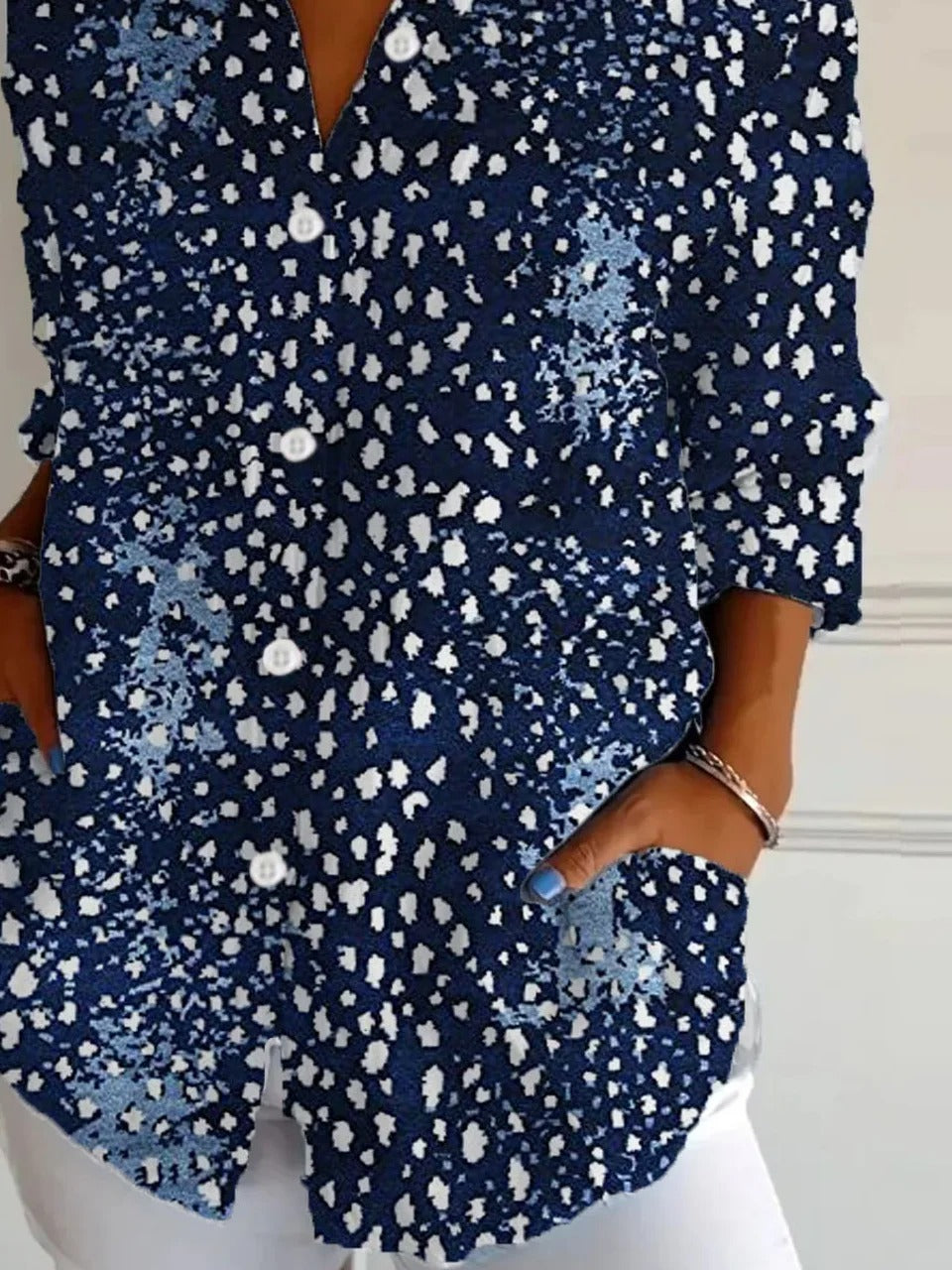 Ethnic Polka Dots Shirt Collar Long Sleeve Loose Shirt