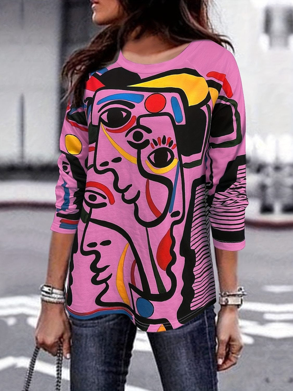 Abstract Face Print Long Sleeve Crew Neck Casual Blouse