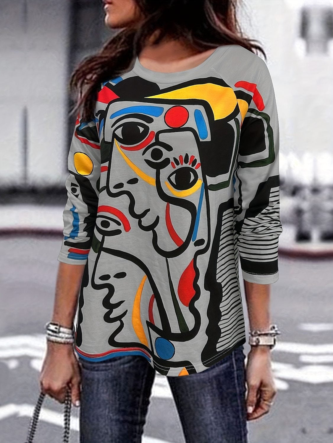 Abstract Face Print Long Sleeve Crew Neck Casual Blouse