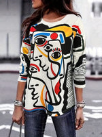 Abstract Face Print Long Sleeve Crew Neck Casual Blouse