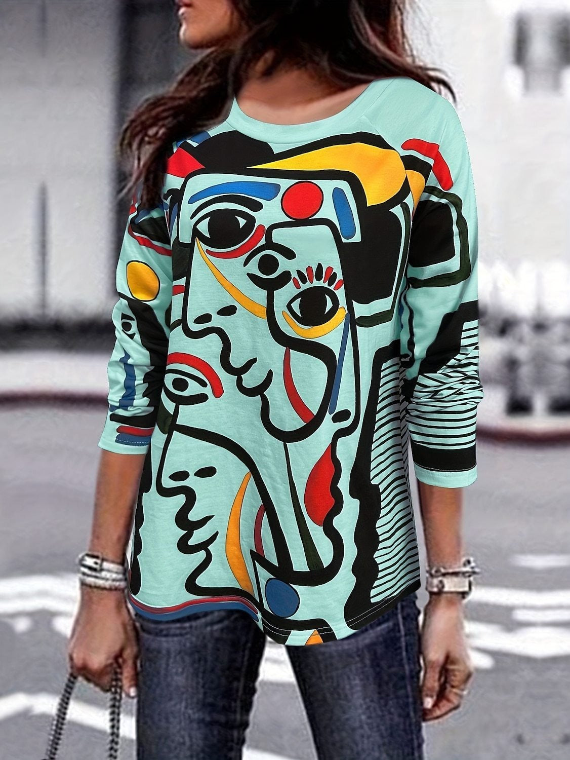 Abstract Face Print Long Sleeve Crew Neck Casual Blouse