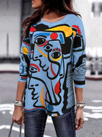 Abstract Face Print Long Sleeve Crew Neck Casual Blouse