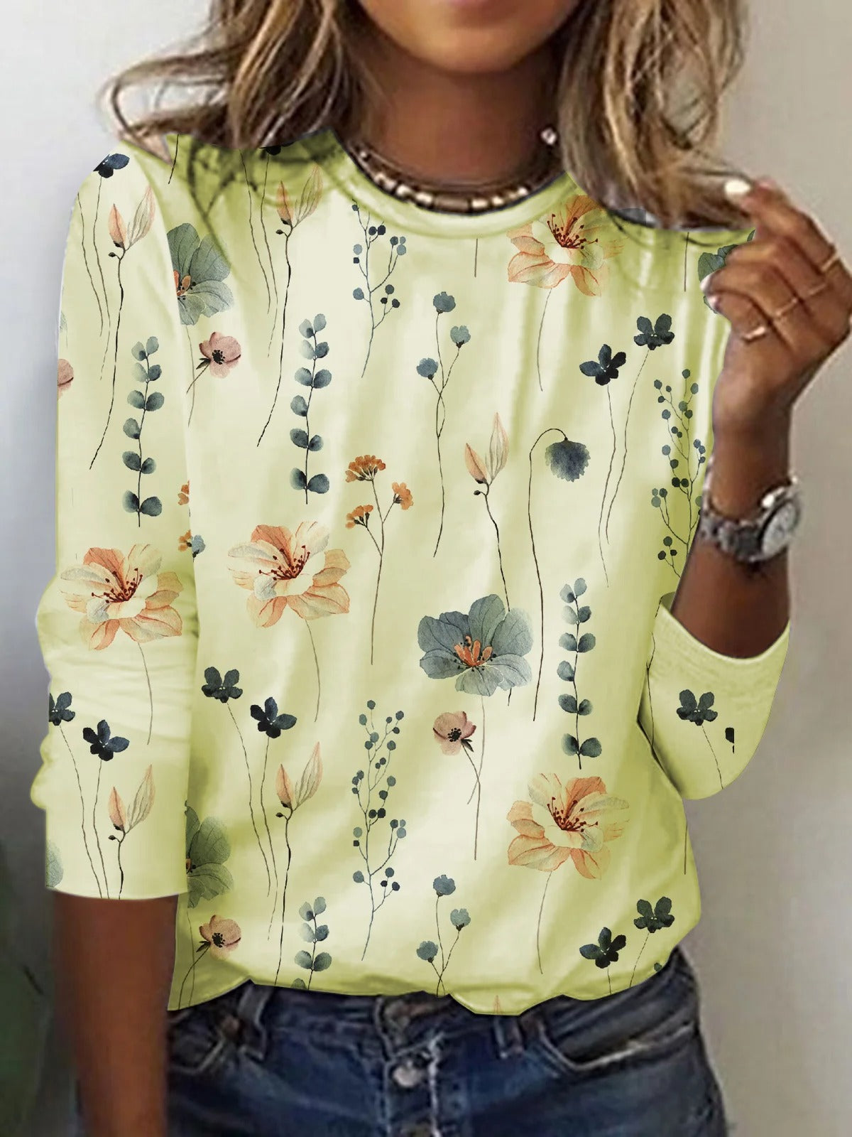 Casual Floral Print Crew Neck Long Sleeve Daily Loose Blouse