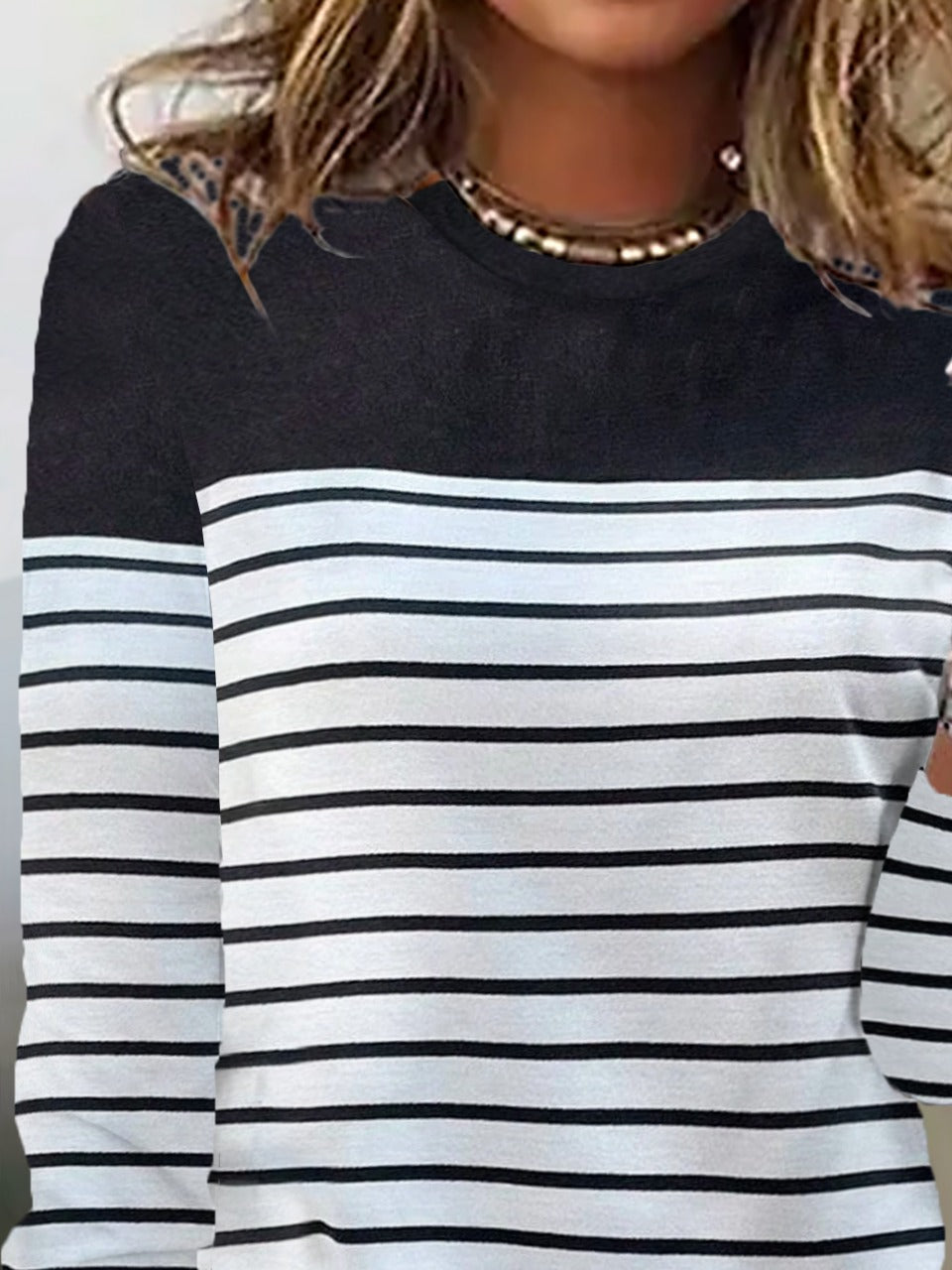 Basic Stripe Color Block Crew Neck Loose Long Sleeve Casual Blouse