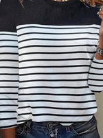 Basic Stripe Color Block Crew Neck Loose Long Sleeve Casual Blouse