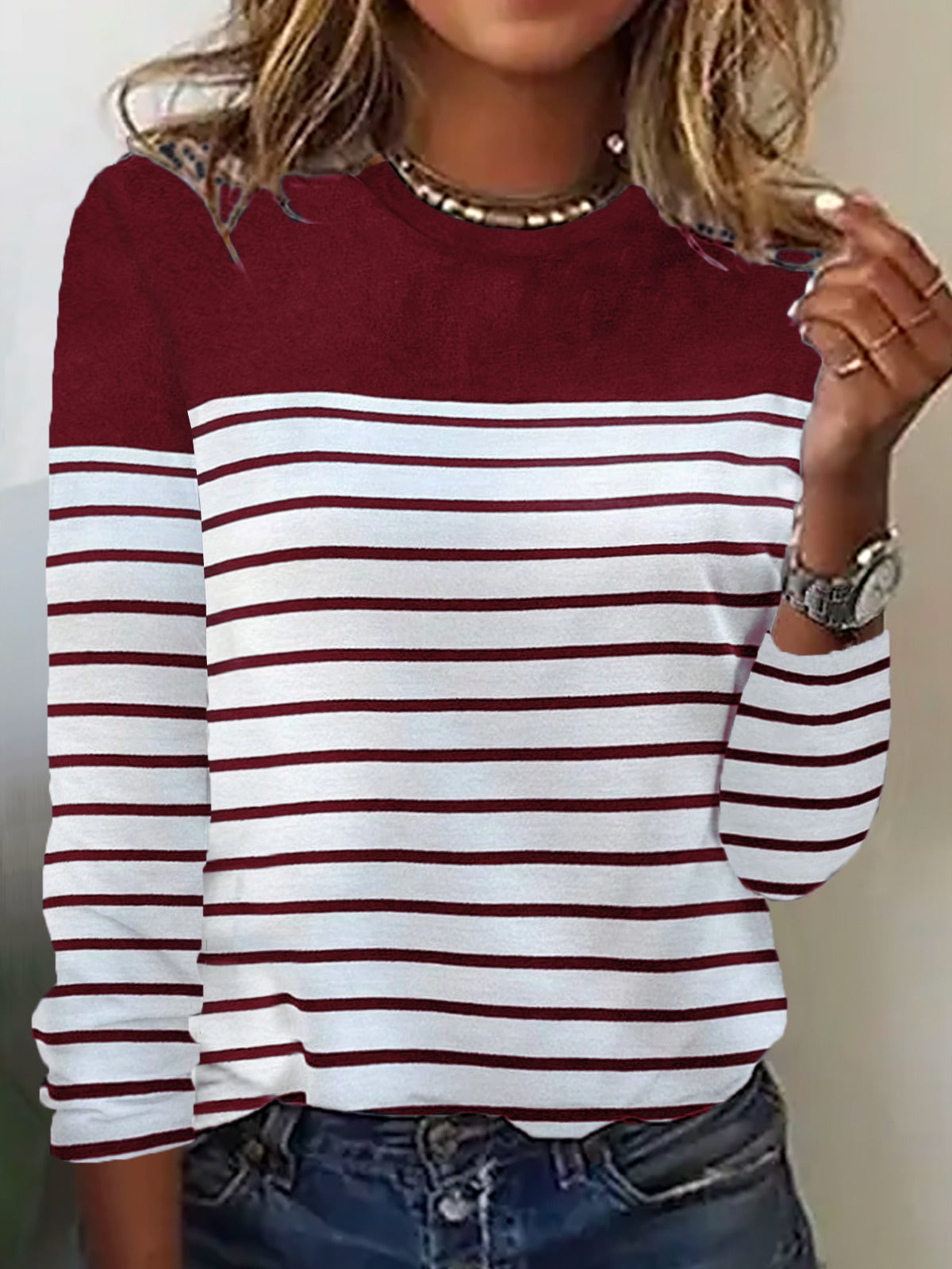 Basic Stripe Color Block Crew Neck Loose Long Sleeve Casual Blouse