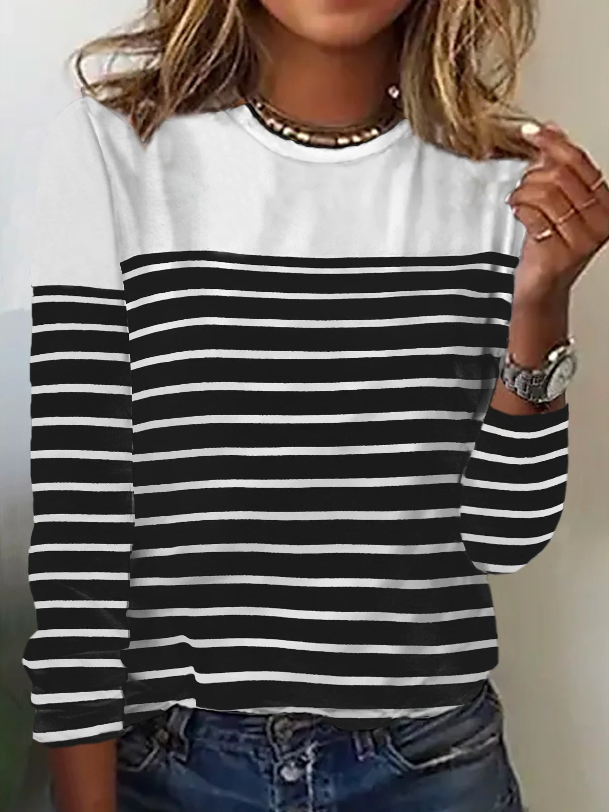 Basic Stripe Color Block Crew Neck Loose Long Sleeve Casual Blouse