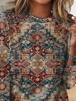 Casual Ethnic Crew Neck Long Sleeve Loose Blouse