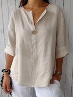 Plain Cotton V-neck 3/4 Sleeves Buttoned Blouse