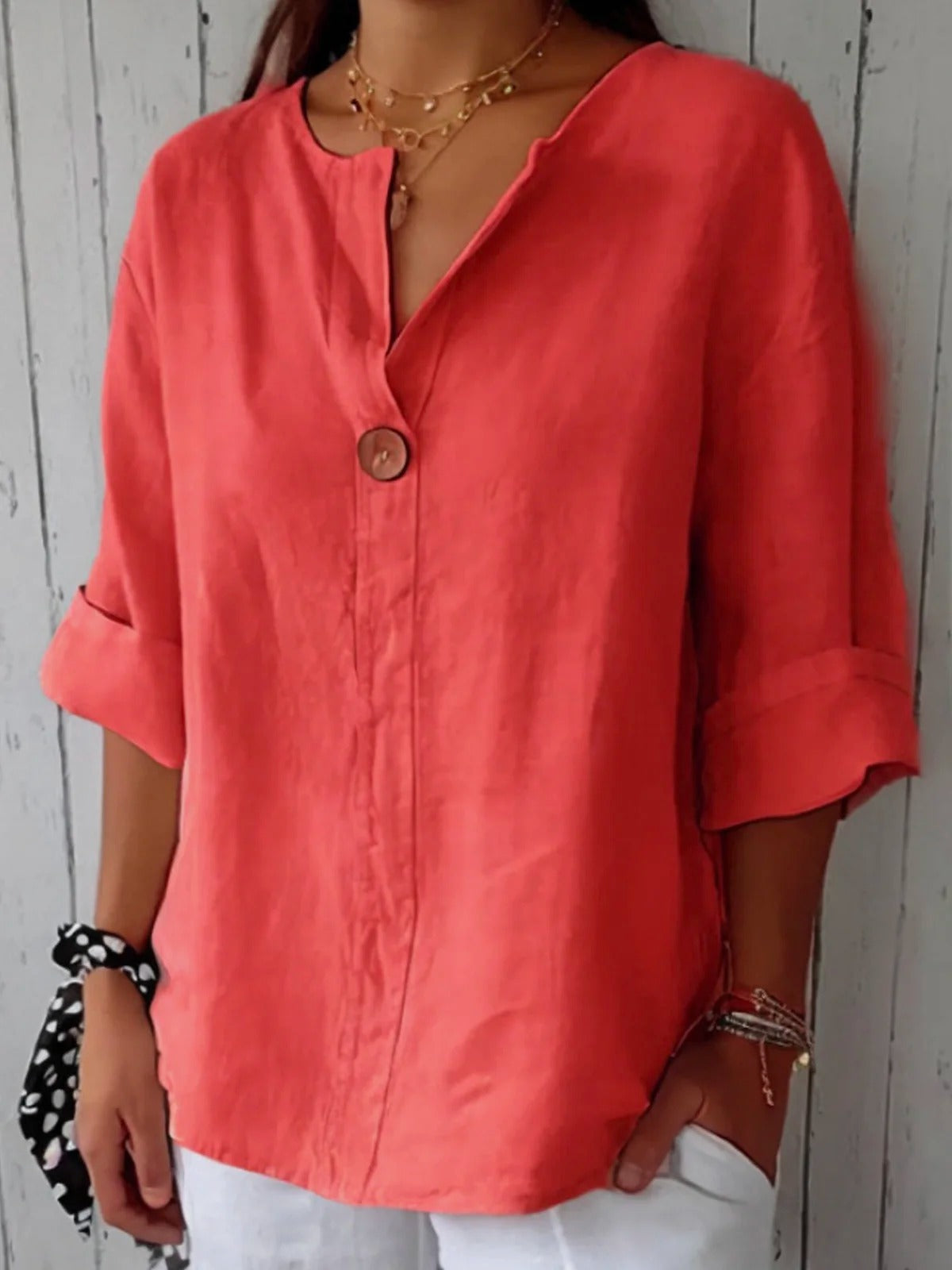Plain Cotton V-neck 3/4 Sleeves Buttoned Blouse
