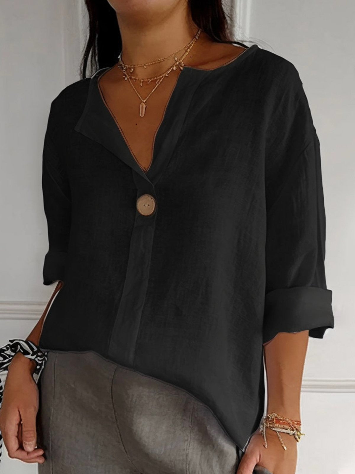 Plain Cotton V-neck 3/4 Sleeves Buttoned Blouse