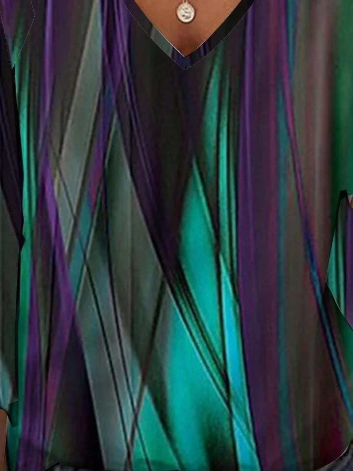 Chemisier décontracté à manches 3/4 volantées, col en V et blocs de couleur