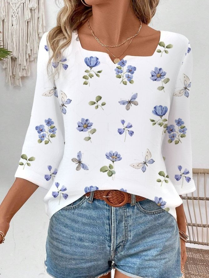 Cotton Floral Notched 3/4 Sleeves Cute Loose Blouse