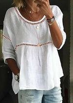 Plain Crew Neck 3/4 Sleeves White Comfy Blouse