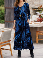 Stylish Abstract Print Round Neck Long Sleeve Pocket Casual Maxi Dress