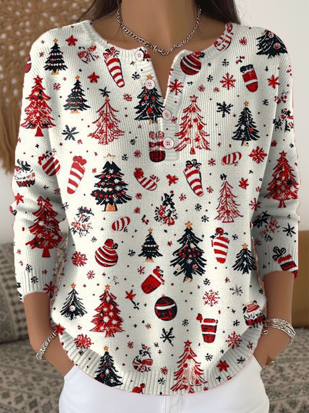 Christmas Tree Art Print Buttoned Cardigan Sweater