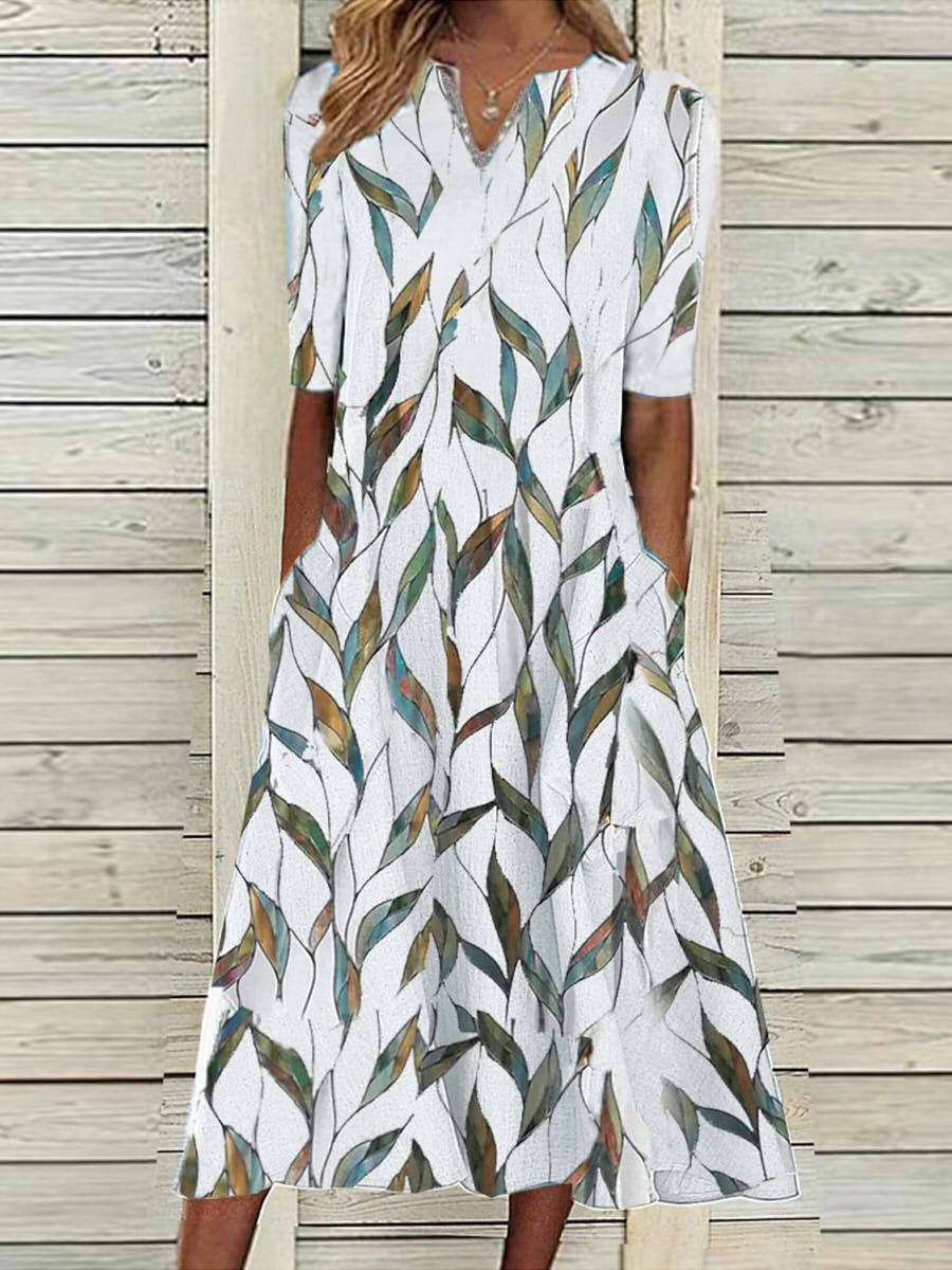 Leaf Print V-neck Half Sleeve Midi Dress