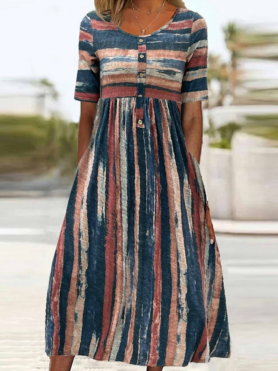 Stripe Print Casual Short Sleeve Round Neck Midi Dress