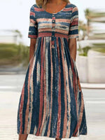 Stripe Print Casual Short Sleeve Round Neck Midi Dress
