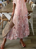 Lace Floral Print V Neck Casual Loose Half Sleeves Maxi Dress