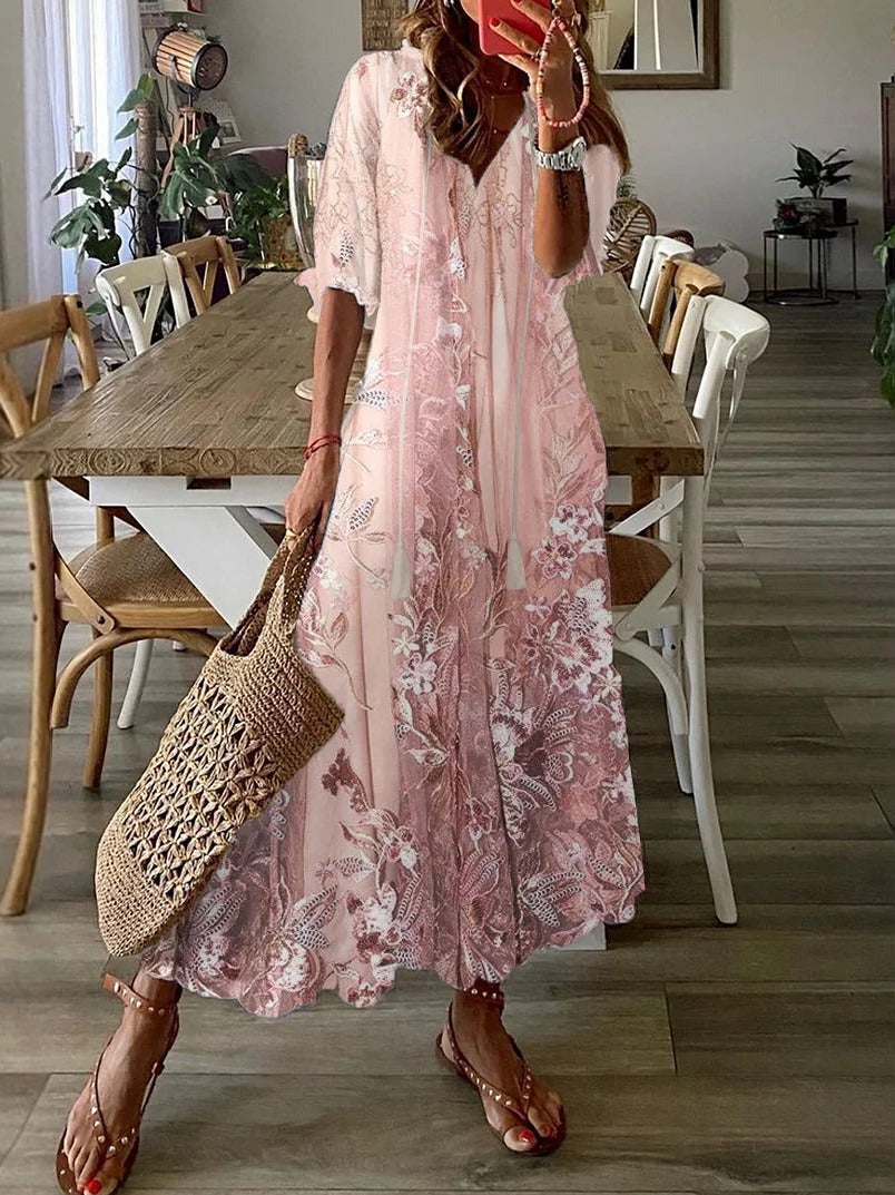 Lace Floral Print V Neck Casual Loose Half Sleeves Maxi Dress