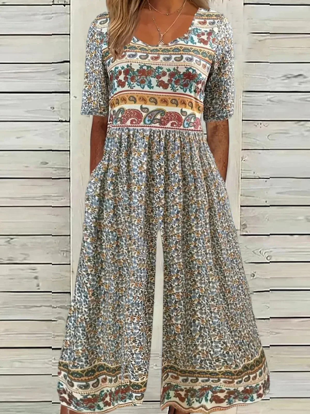 Women's Short Sleeve Crew Neck Loose Long Daily Vacation Small Floral Natural Jumpsuit