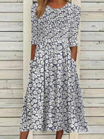 Navy White Daisy Print Side Pocket Midi Dress