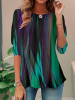 Round Neck Green Random Print Long Sleeves T-shirt