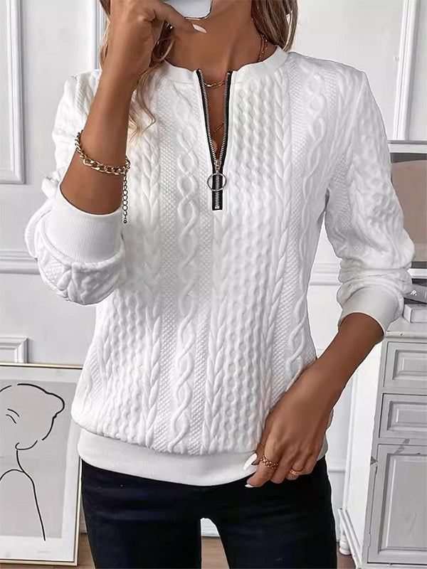 Casual Crew Neck Plain Zipper Detail Sweatshirt