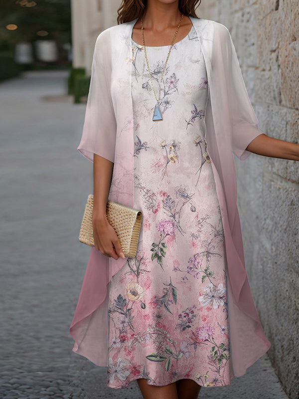 Casual Floral Print Two Piece Jacket Midi Dress