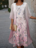 Casual Floral Print Two Piece Jacket Midi Dress