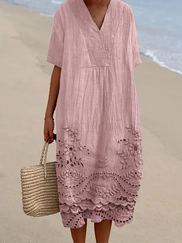 Floral Print Lace Hem V Neck Linen Blend Flowy Dress