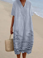 Floral Print Lace Hem V Neck Linen Blend Flowy Dress
