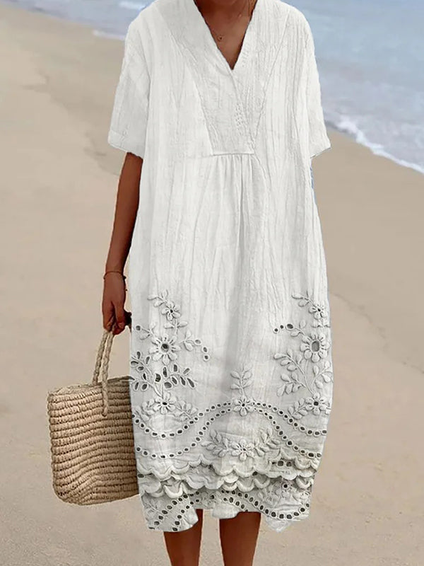 Floral Print Lace Hem V Neck Linen Blend Flowy Dress