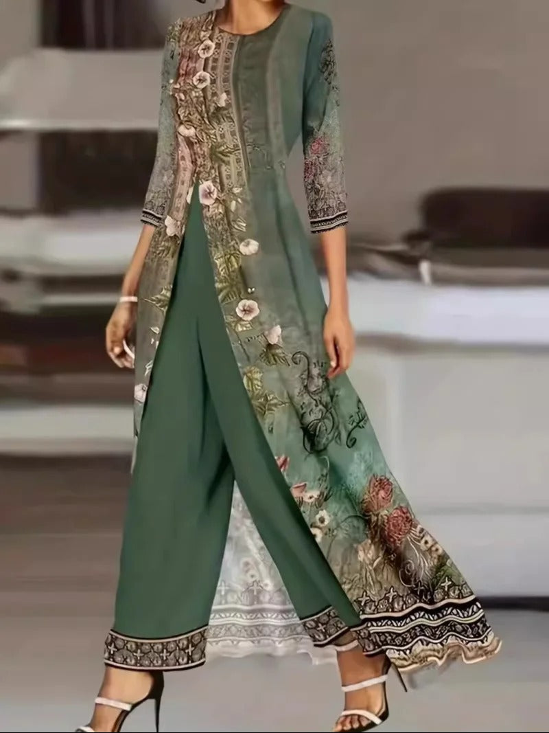 Jersey Floral Daily Going Out Two Piece Set Long Sleeve Casual Spring/Fall Top Pants Matching Set